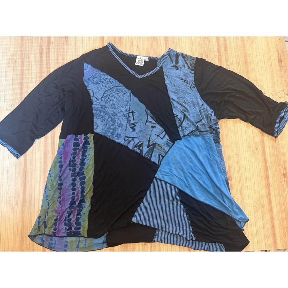 Parsley & Sage 3/4 Sleeve Knit Tunic Women's 3XL Blue Multi Media Patchwork Tee